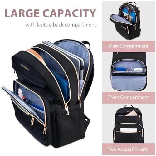 VANKEAN 17.3 Inch Laptop Backpack for Women Large Capacity Quilted Black | Water-Resistant Travel & Work Bag thumbnail 3