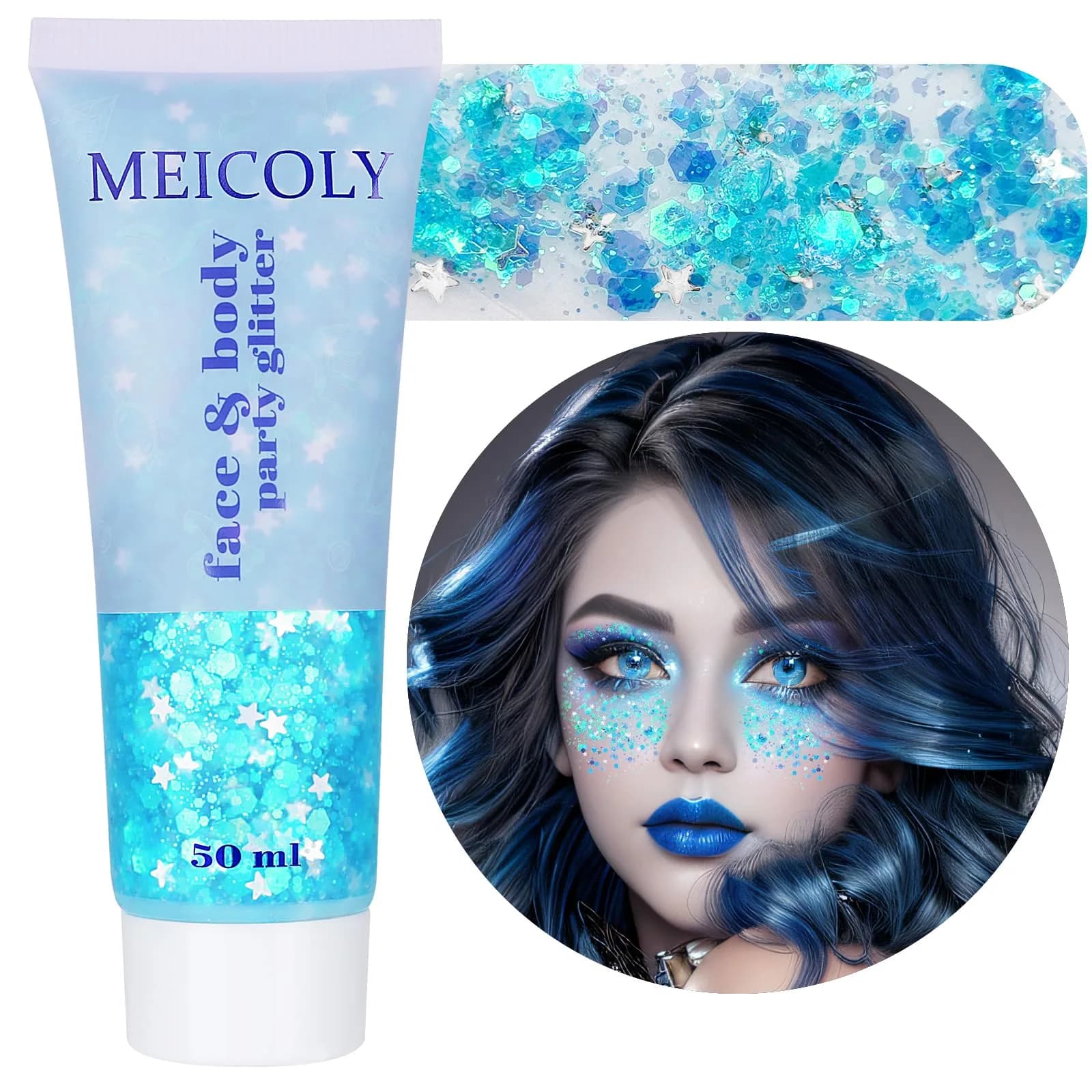 MEICOLY Light Blue Chunky Body Glitter Gel | 0.9 oz (25.5 g) Mermaid Princess Face Glitter - main product image