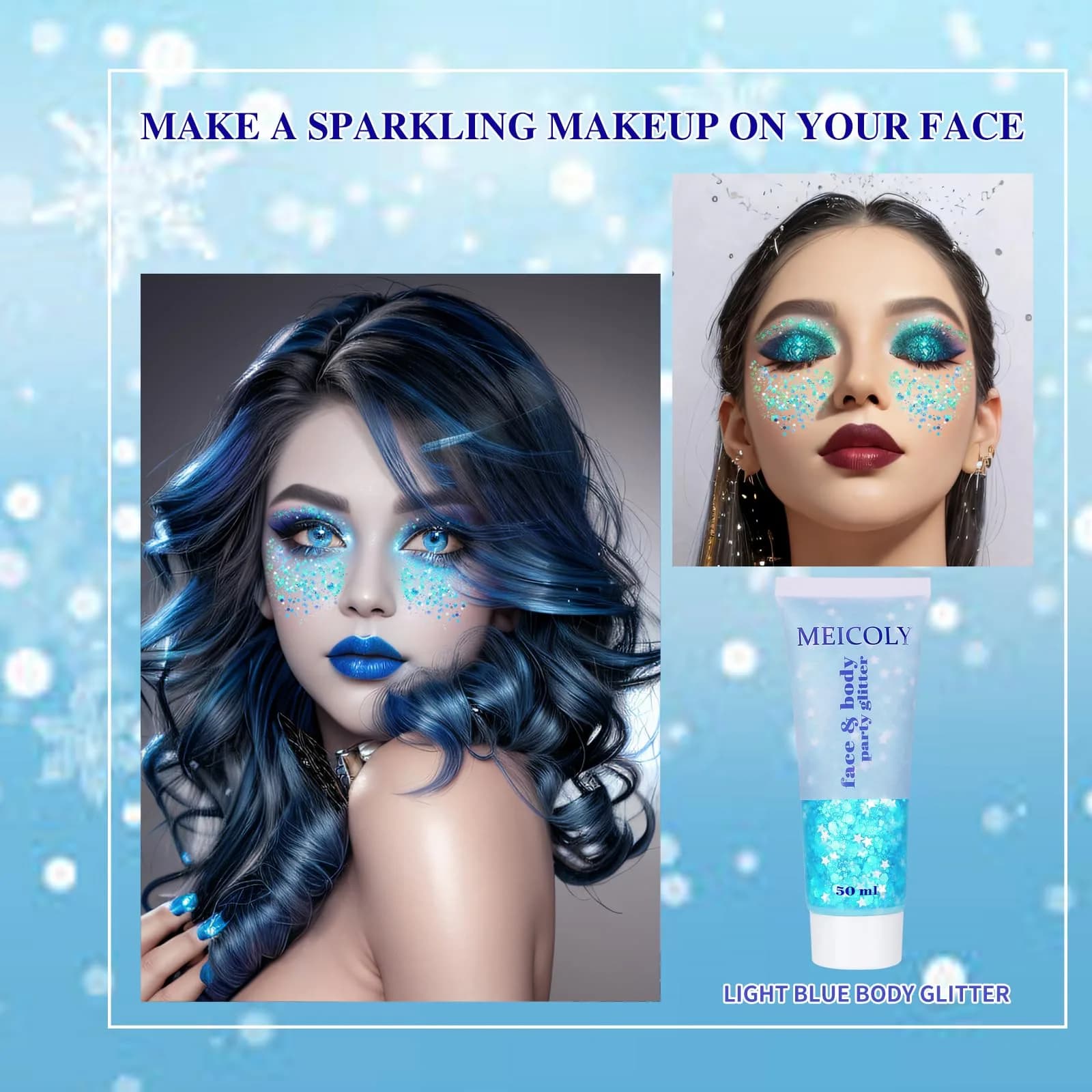 MEICOLY Light Blue Chunky Body Glitter Gel | 0.9 oz (25.5 g) Mermaid Princess Face Glitter - view 2