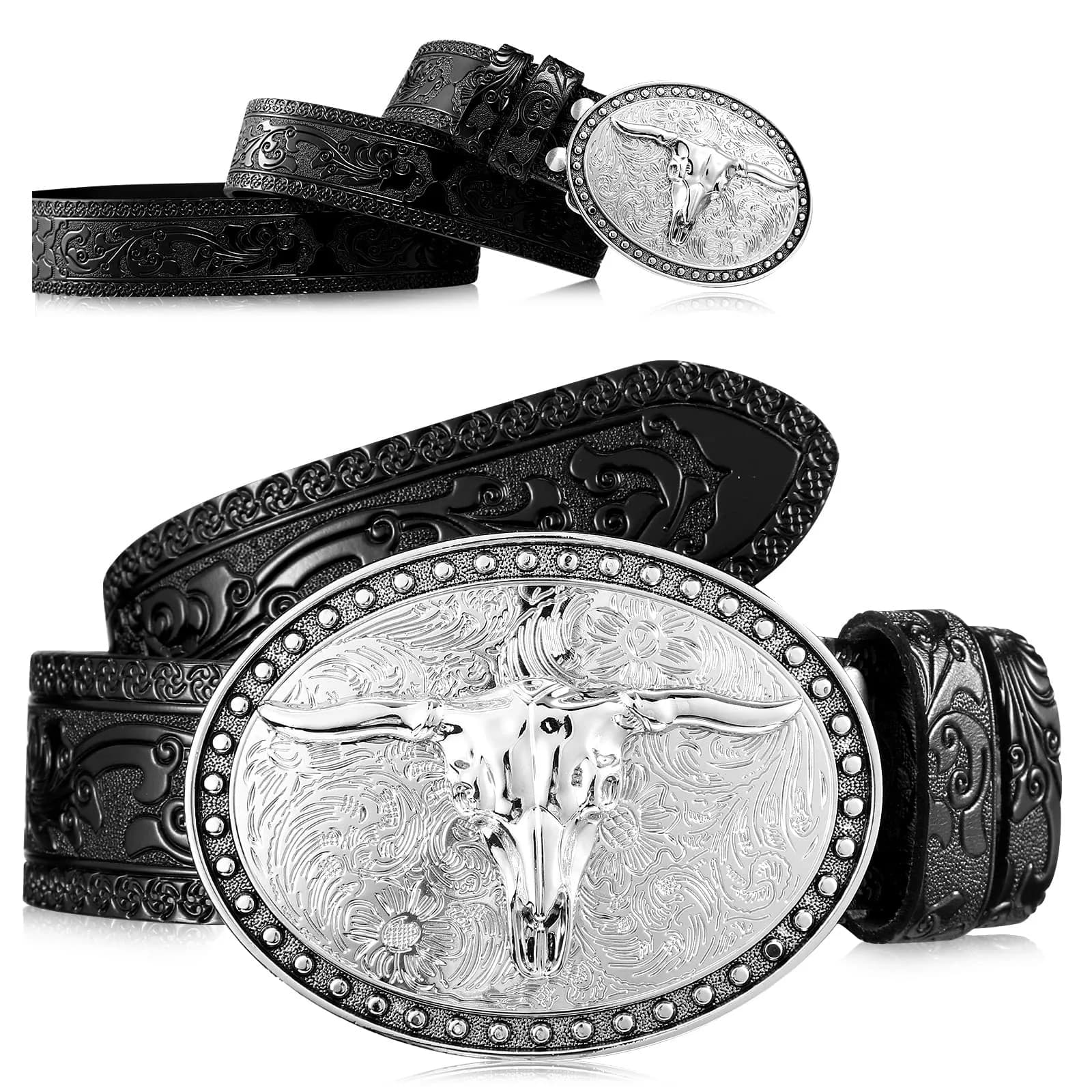 Xuniea Western Belt for Men Floral Engraved Leather Buckle Belt 41 Inch (104 cm) Black | Genuine Cowhide Leather — Black