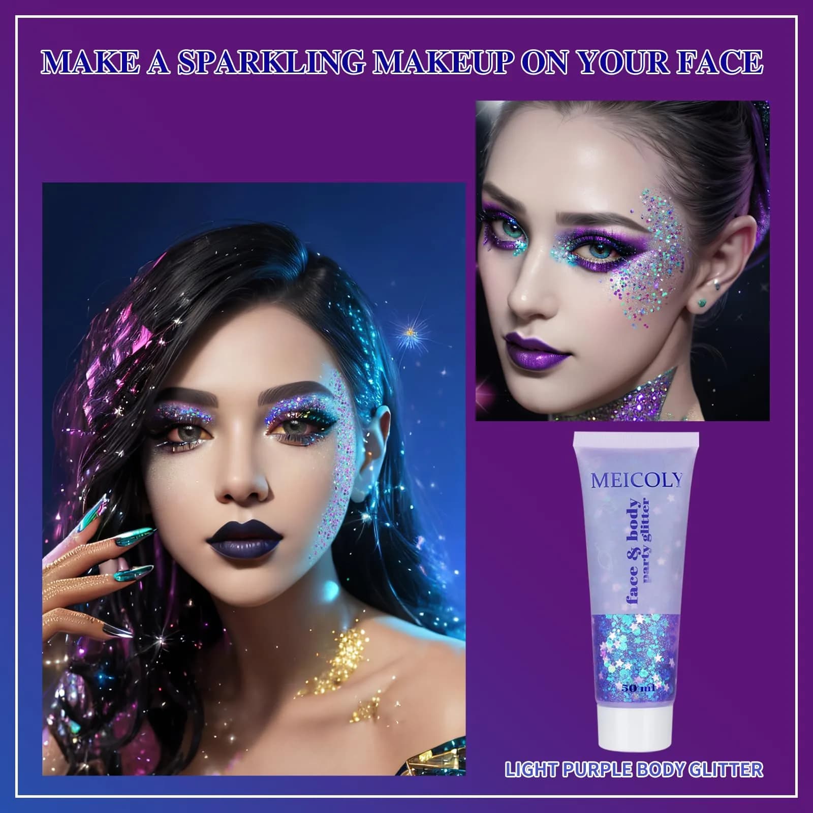 MEICOLY Light Purple Holographic Mermaid Face Glitter Gel | 25.5 g (0.9 oz) - view 3