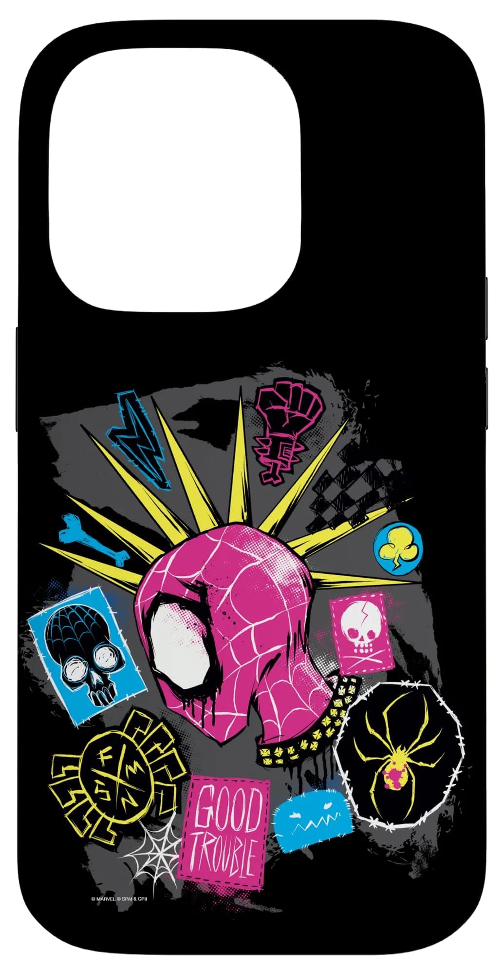 Marvel Spider-Man: Across the Spider-Verse Spider-Punk Head Case for iPhone 14 Pro | Skull Cartoon Design, Shock-Resistant, Printed in USA — Black