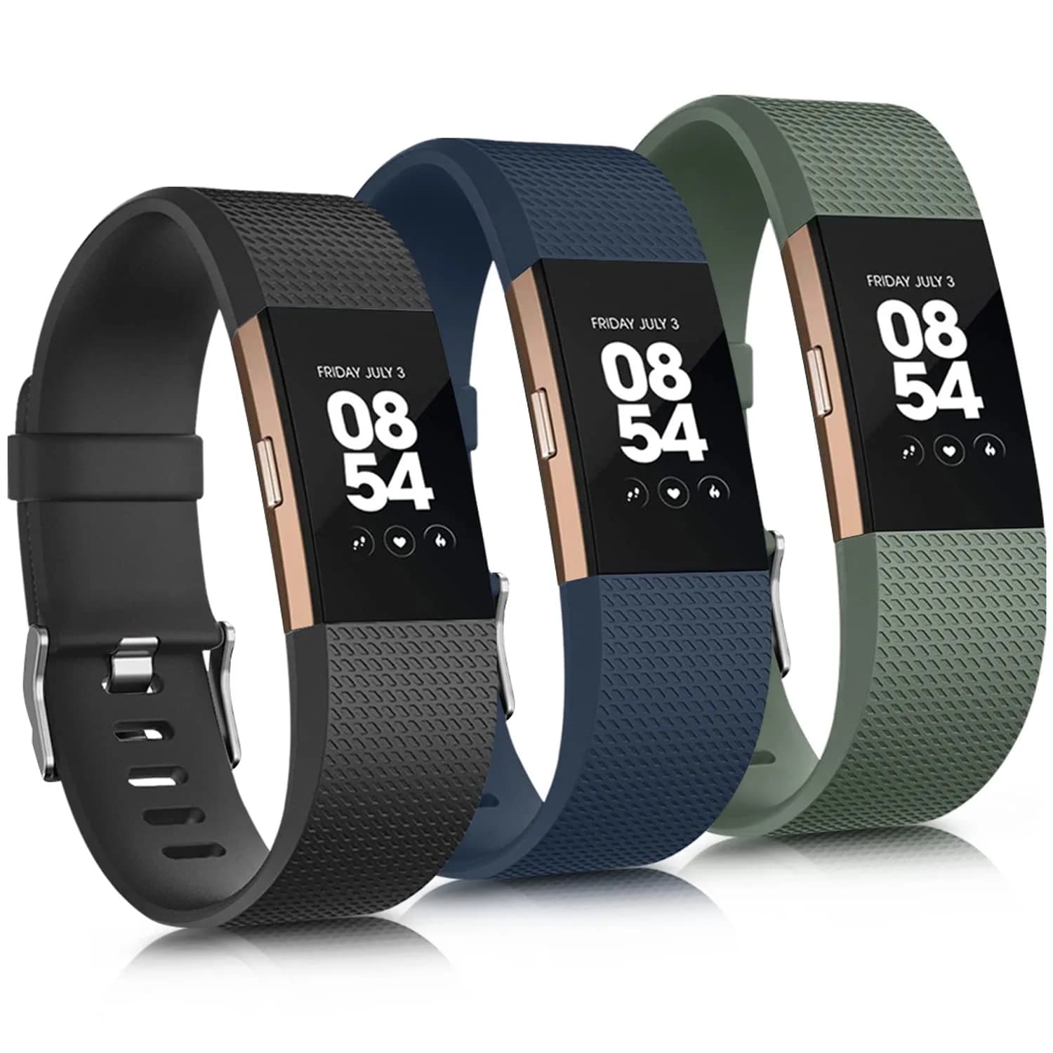 AK 3 Pack Sport Bands for Fitbit Charge 2, Large (Starlight/Milk Tea/Smoke Violet) | Adjustable Silicone Straps — Black/Abyss Blue/Avocado Green / Small