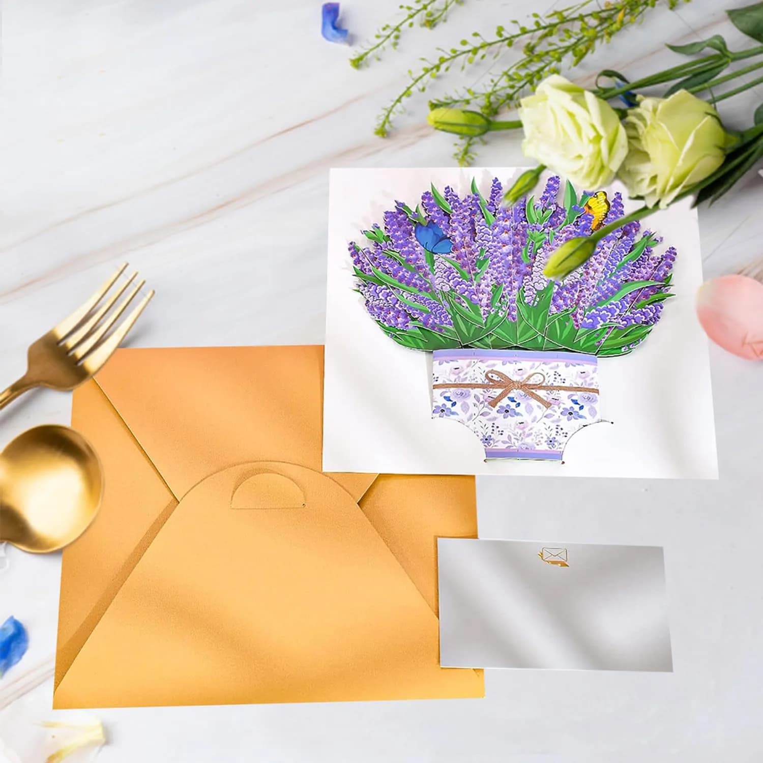 ROBBEAR Lavender Bouquet Pop Up Card, 3D Flower Greeting Card with Envelope for Any Occasion, Birthday, Mother's Day, Anniversary, Valentines Day, Foldable Flower Cards for Wife or Friends - view 3