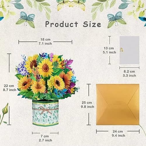 ROBBEAR Sunflower Bouquet Pop Up Card 8.7 x 7.1 Inch | Handmade 3D Flower Greeting Card for Any Occasion thumbnail 5