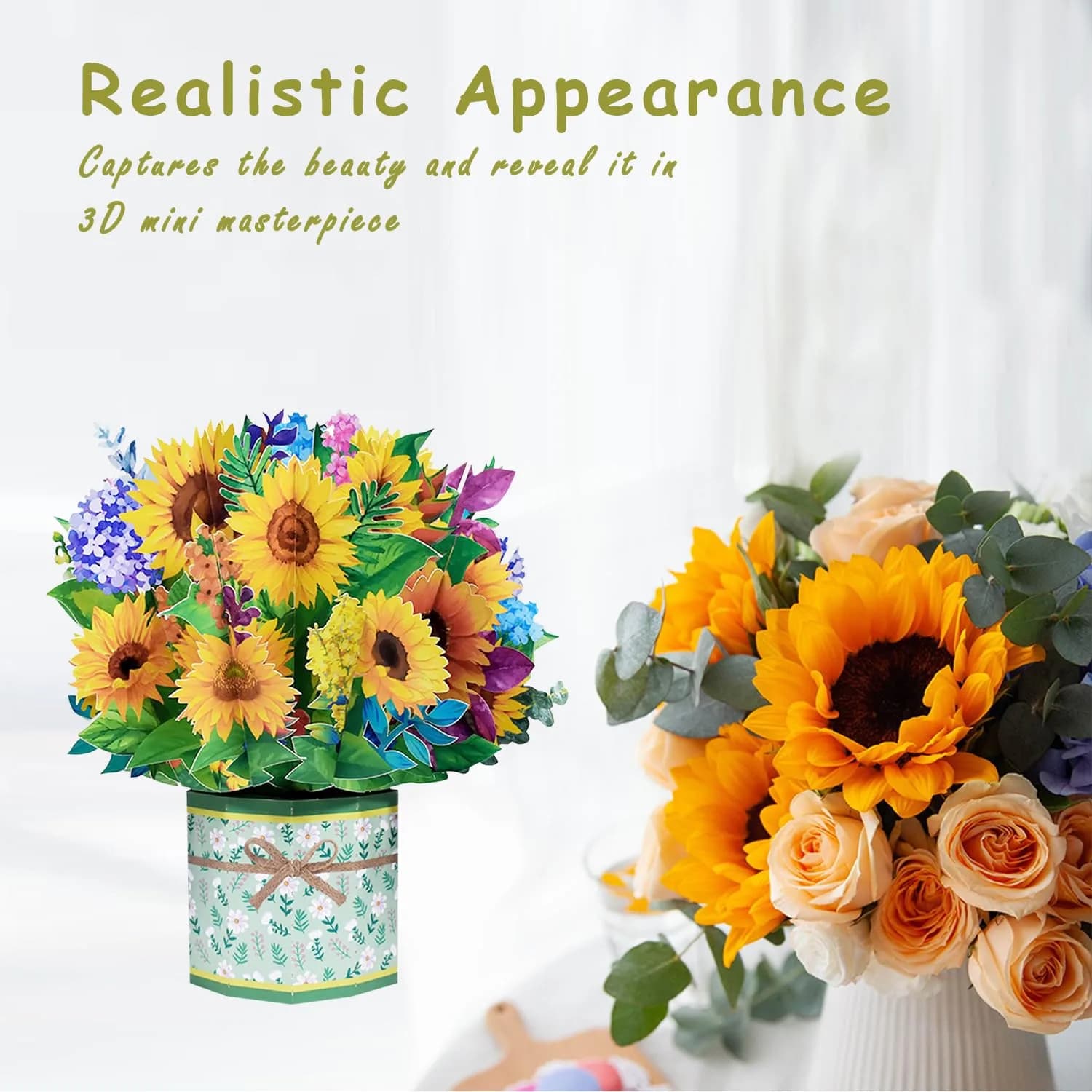 ROBBEAR Sunflower Bouquet Pop Up Card 8.7 x 7.1 Inch | Handmade 3D Flower Greeting Card for Any Occasion - view 6