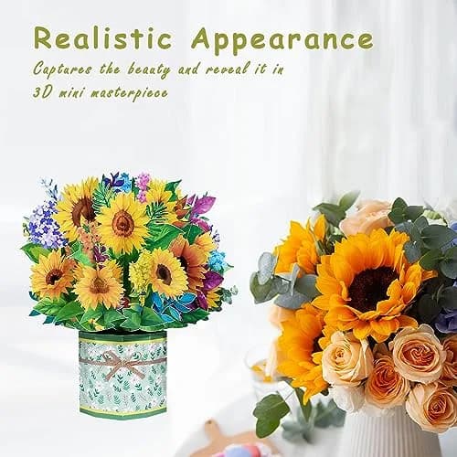 ROBBEAR Sunflower Bouquet Pop Up Card 8.7 x 7.1 Inch | Handmade 3D Flower Greeting Card for Any Occasion thumbnail 6