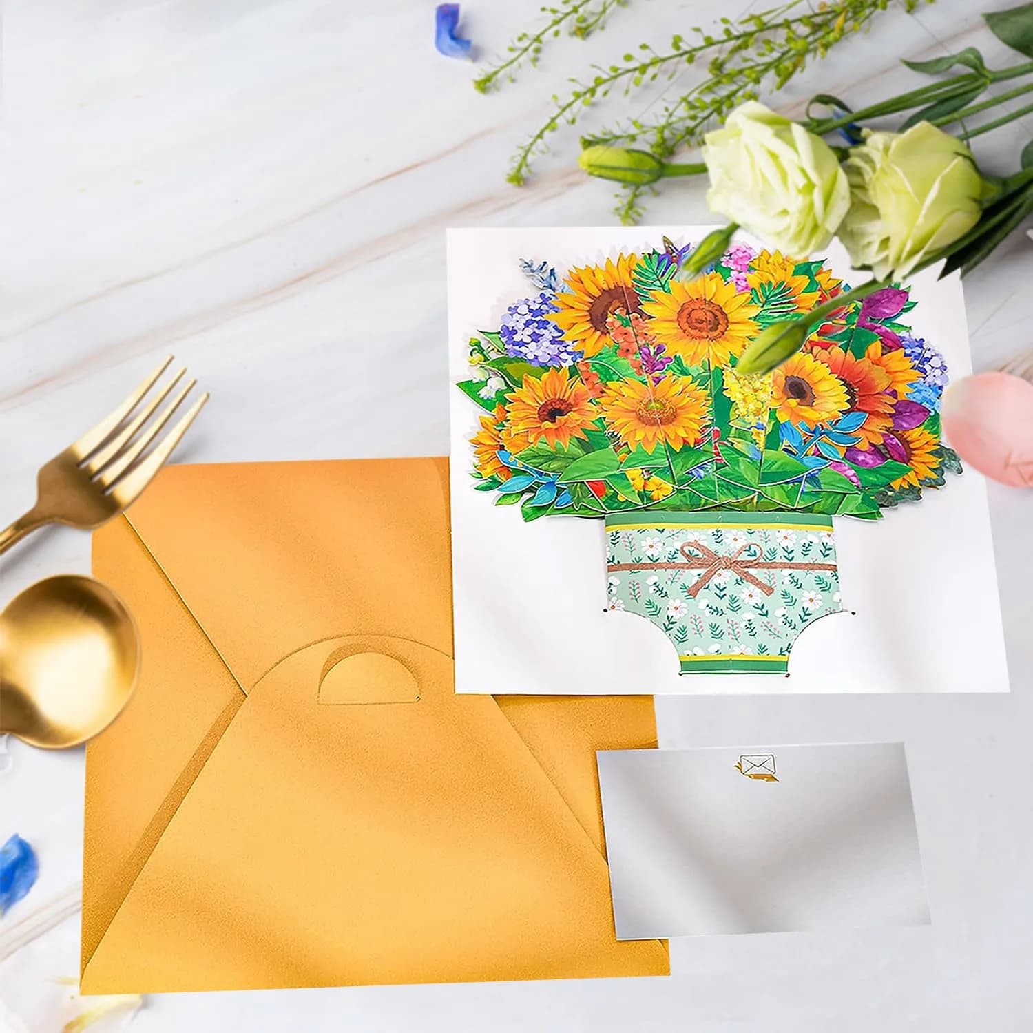 ROBBEAR Sunflower Bouquet Pop Up Card, 3D Flower Greeting Card with Envelope (8.7" x 7.1") | Handmade Laser-Cut Paper Art - view 3