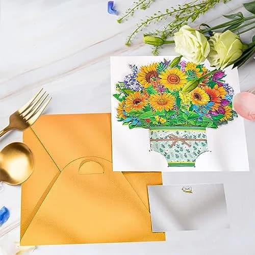 ROBBEAR Sunflower Bouquet Pop Up Card 8.7 x 7.1 Inch | Handmade 3D Flower Greeting Card for Any Occasion thumbnail 3