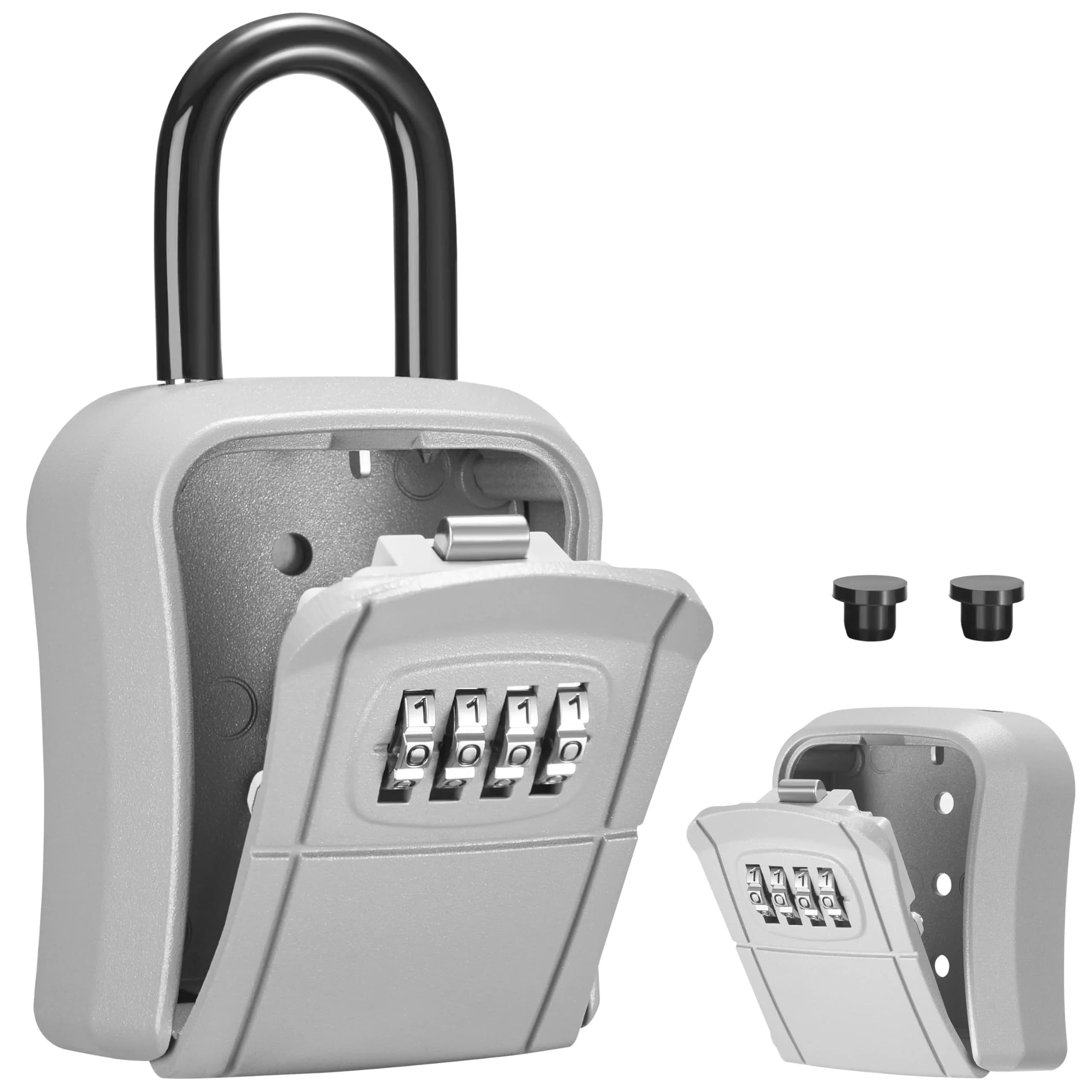 Puroma Portable Key Lock Box with Shackle & Wall Mount, Resettable 4-Digit Code Safe Security Lockbox for House Keys (1 Pack, Pink) — Silver