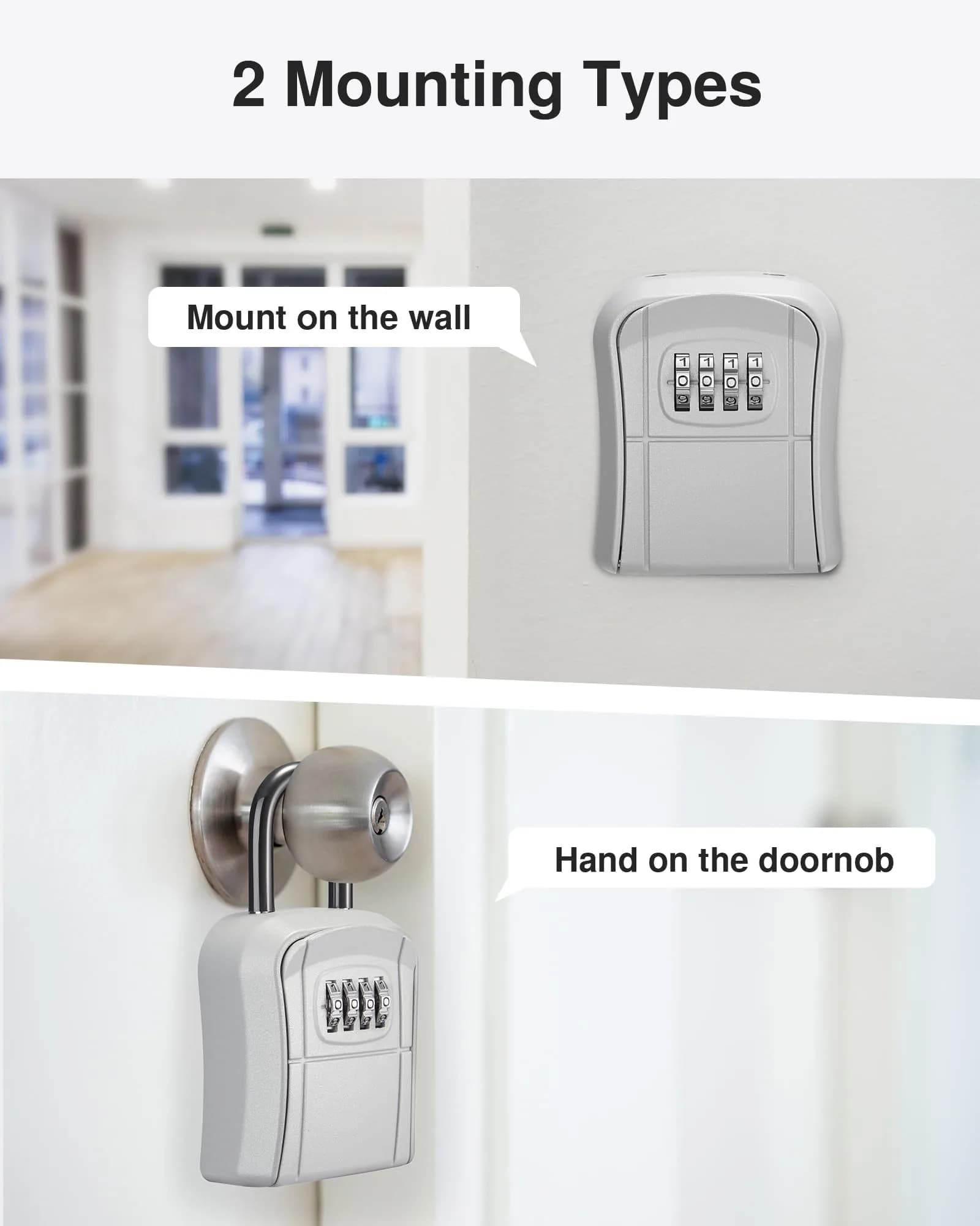 Puroma Portable Key Lock Box with Shackle & Wall Mount, Resettable 4-Digit Code Safe Security Lockbox for House Keys (1 Pack, Silver) - view 2