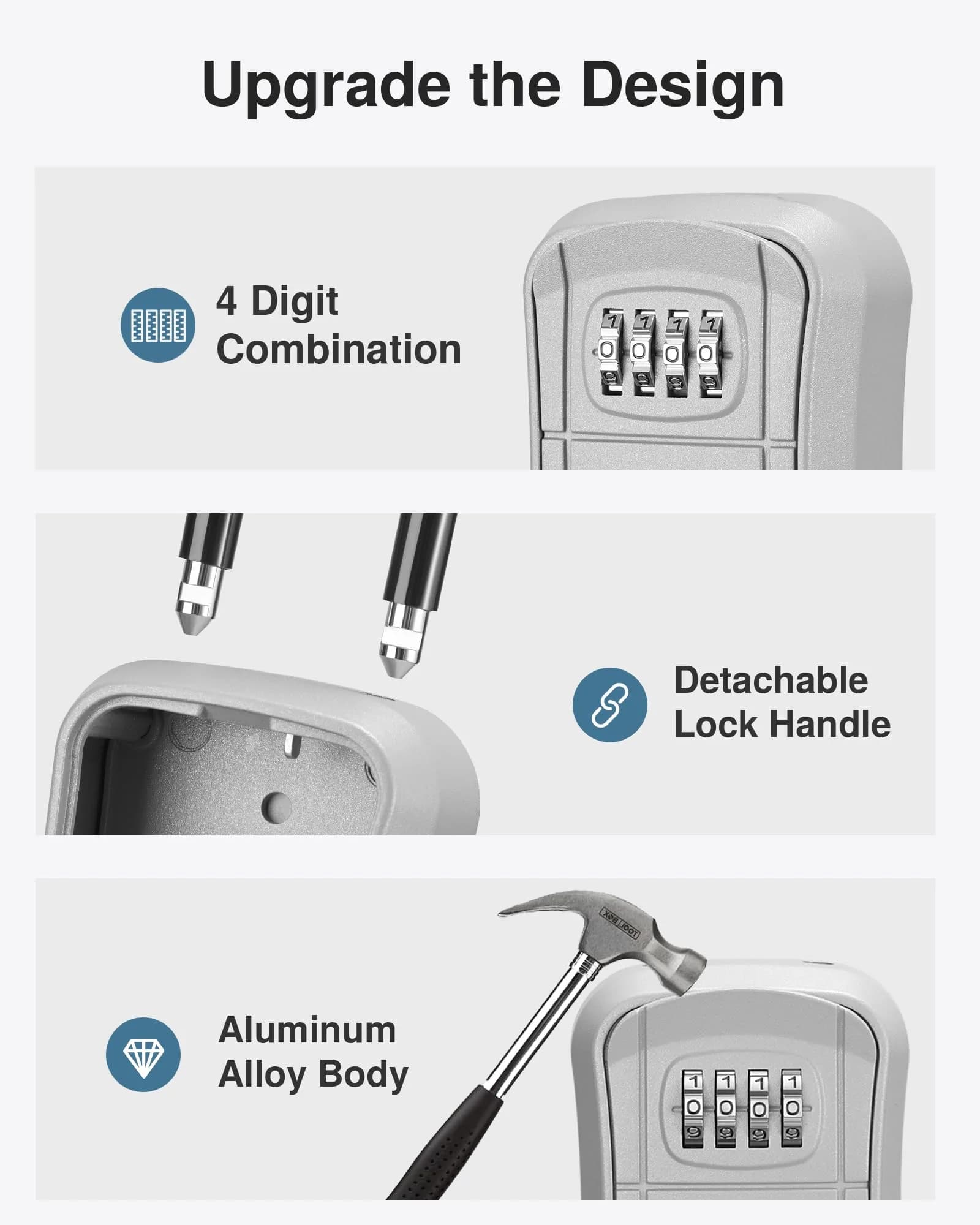 Puroma Portable Key Lock Box with Shackle & Wall Mount, Resettable 4-Digit Code Safe Security Lockbox for House Keys (1 Pack, Silver) - view 4