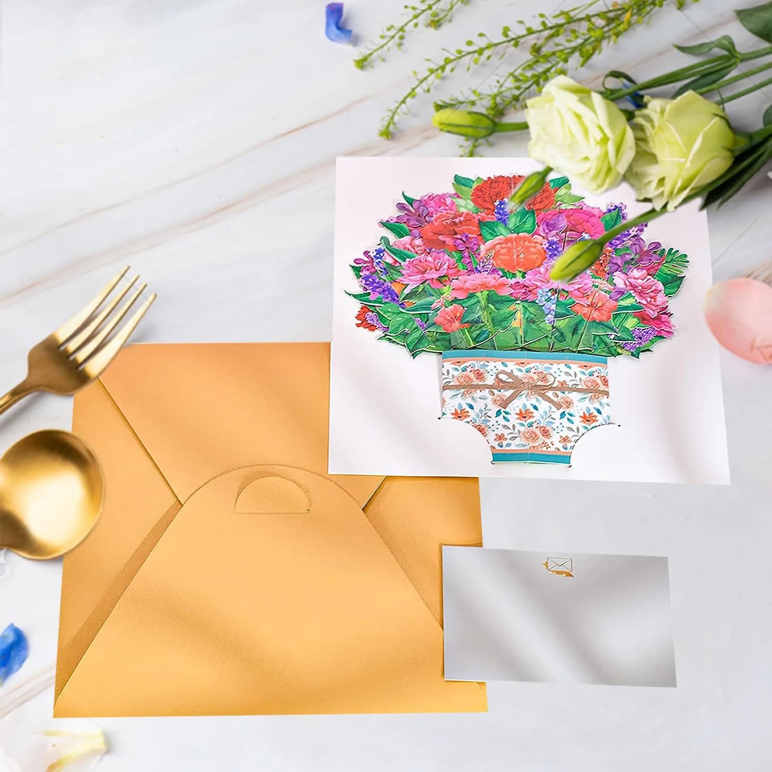 ROBBEAR Carnation Bouquet Pop Up Card - 3D Floral Greeting Card with Envelope for Any Occasion - view 3
