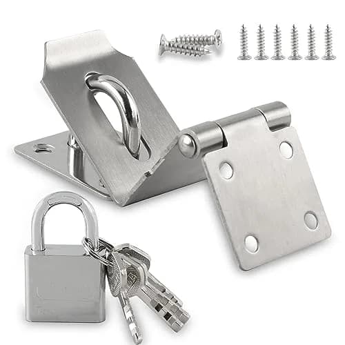 HOWDIA 4 Inch Door Lock Latch Padlock Hasp Set, 90 Degree Lock with Screws & Padlock, Stainless Steel Security Door Clasp for Shed/Gate/Storage thumbnail 1