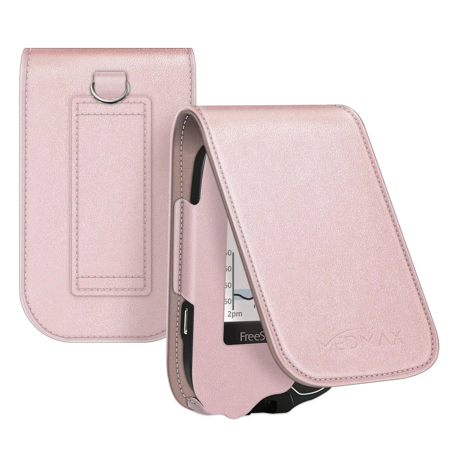 MEDMAX PU Leather Protective Case for Freestyle Libre 3 2 / Reader | Rose Gold, Lightweight Shockproof Diabetic Storage Carrying Case with Carabiner Clip and Handle (1-Pack) — Rose Gold