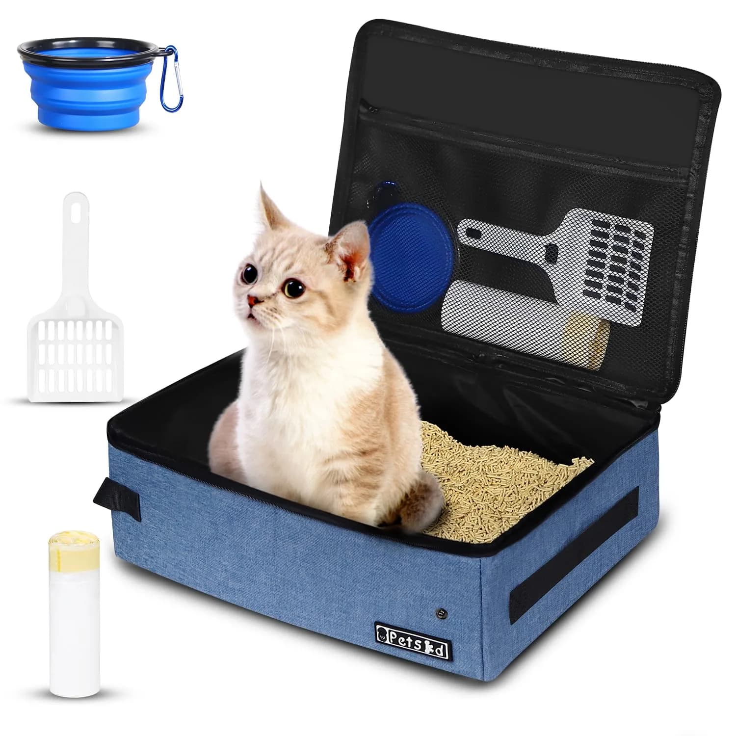 Petskd Portable Cat Travel Litter Box with Lid, Blue 40 cm (15.7 in) | Leakproof & Odor-Preventing for Travel - main product image