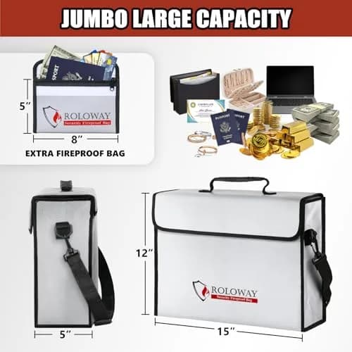 ROLOWAY Large Fireproof Document Bag 15x12x5 inches | 5200°F Heat Insulated, Water-Resistant, Lockable Zipper thumbnail 4