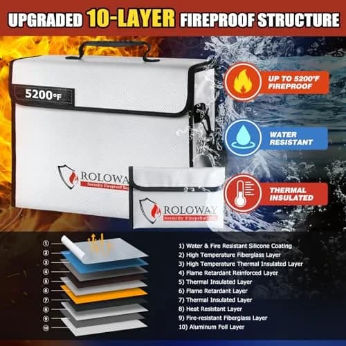 ROLOWAY Large Fireproof Document Bag 15x12x5 inches | 5200°F Heat Insulated, Water-Resistant, Lockable Zipper thumbnail 2