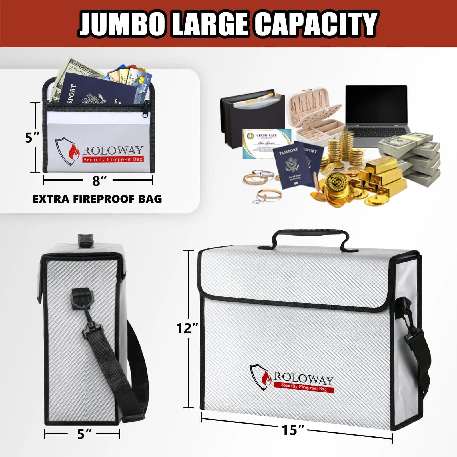 ROLOWAY Large Fireproof Document Bag 15x12x5 inches | 5200°F Heat Insulated, Water-Resistant, Lockable Zipper - view 4