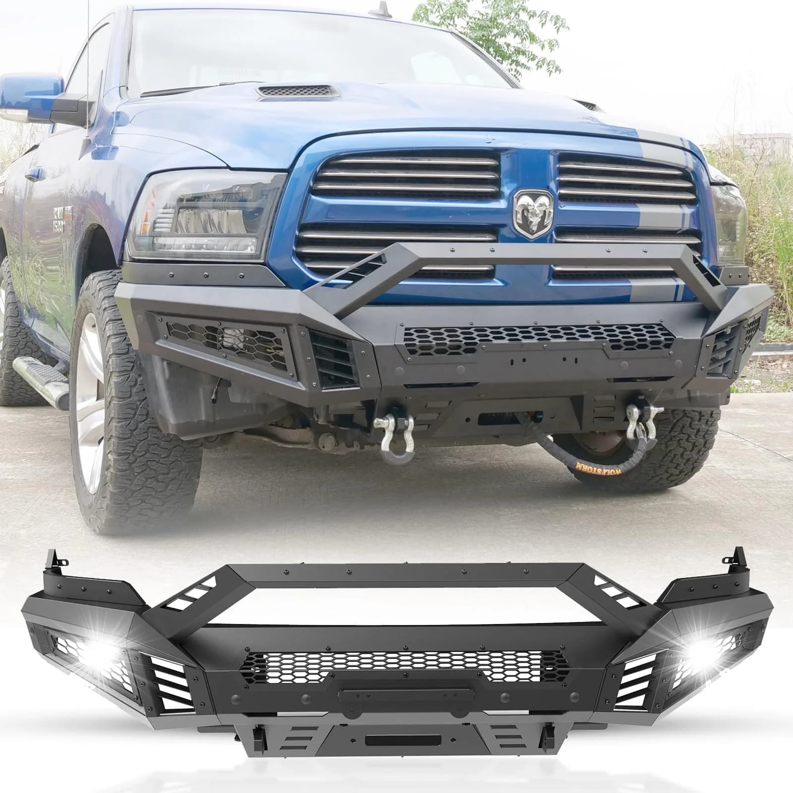 Hawkley Ram 1500 Front Bumper with Bull Bar & Skid Plate | Heavy-Duty Steel, Winch Ready (70-120c) — 4 PART (Main Body+Side Wings+Bull Bar+Skid Plate)