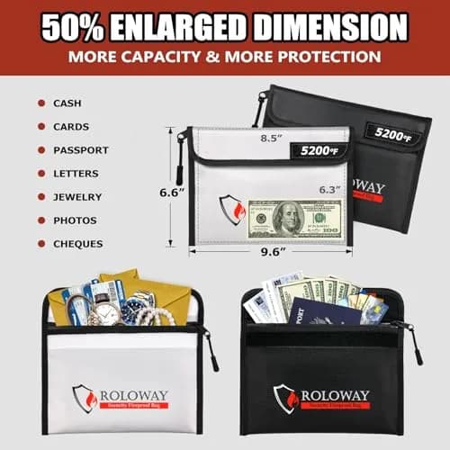 ROLOWAY Fireproof Bag (9.6 x 6.6 inches) 5200℉ Heat Insulated, Fireproof Money Bag with Zipper for Cash (2-Pack) thumbnail 4