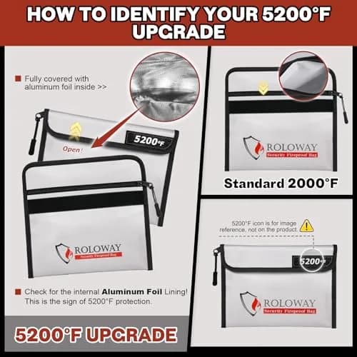 ROLOWAY Fireproof Bag (9.6 x 6.6 inches) 5200℉ Heat Insulated, Fireproof Money Bag with Zipper for Cash (2-Pack) thumbnail 6