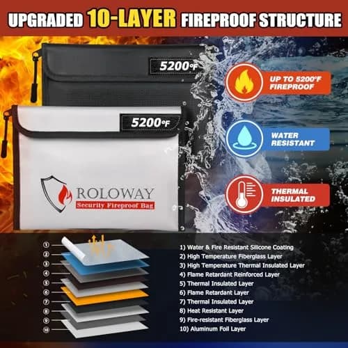ROLOWAY Fireproof Bag (9.6 x 6.6 inches) 5200℉ Heat Insulated, Fireproof Money Bag with Zipper for Cash (2-Pack) thumbnail 2
