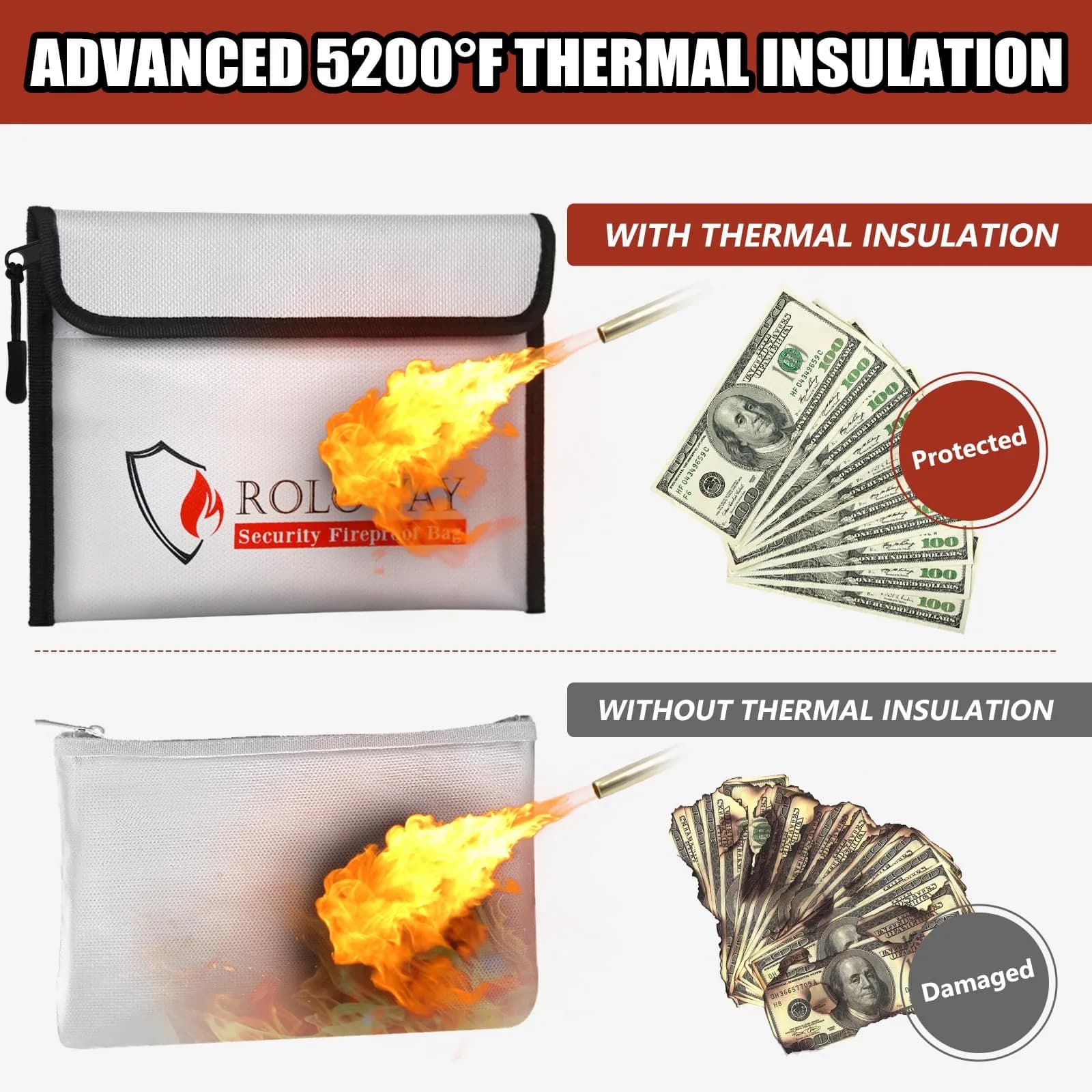 ROLOWAY 5200℉ Silver & Black Fireproof Bag (9.6 x 6.6 inches) for Document & Cash Protection - view 3