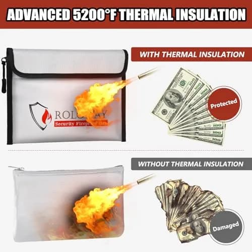 ROLOWAY Fireproof Bag (9.6 x 6.6 inches) 5200℉ Heat Insulated, Fireproof Money Bag with Zipper for Cash (2-Pack) thumbnail 3