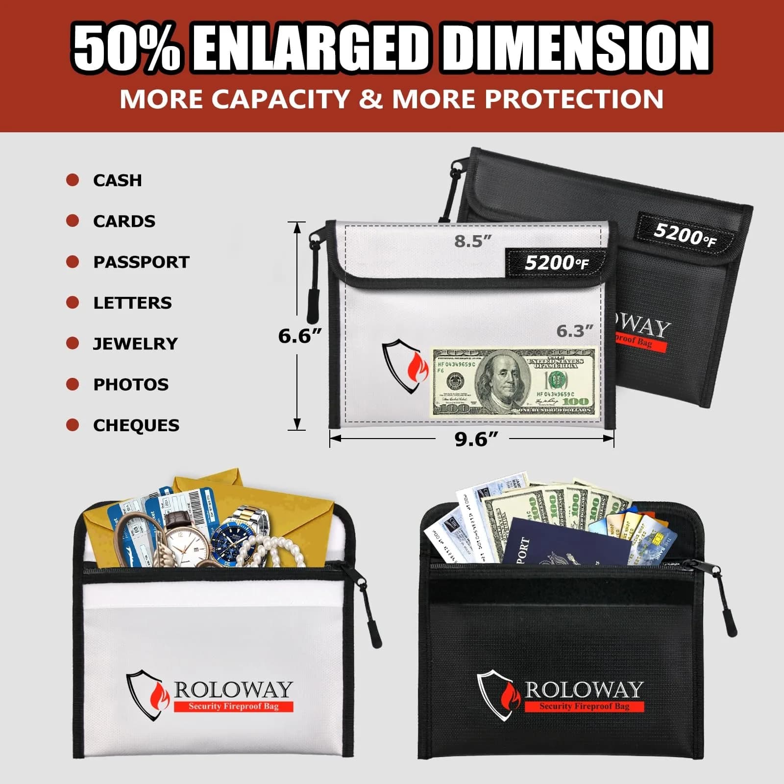 ROLOWAY 5200℉ Silver & Black Fireproof Bag (9.6 x 6.6 inches) for Document & Cash Protection - view 4