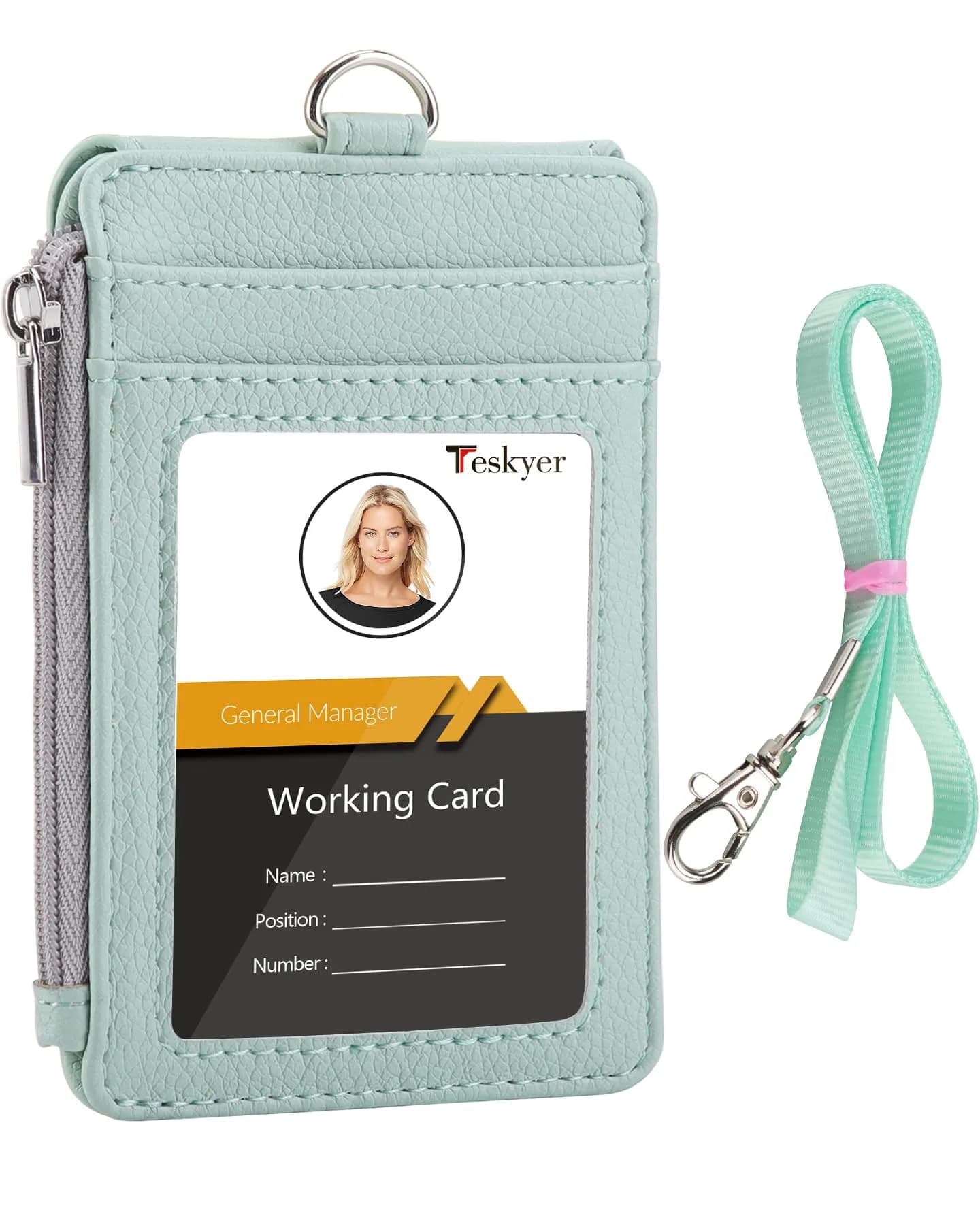 Teskyer Lichee Light Green PU Leather ID Badge Holder with Lanyard & Zipper Pocket - main product image