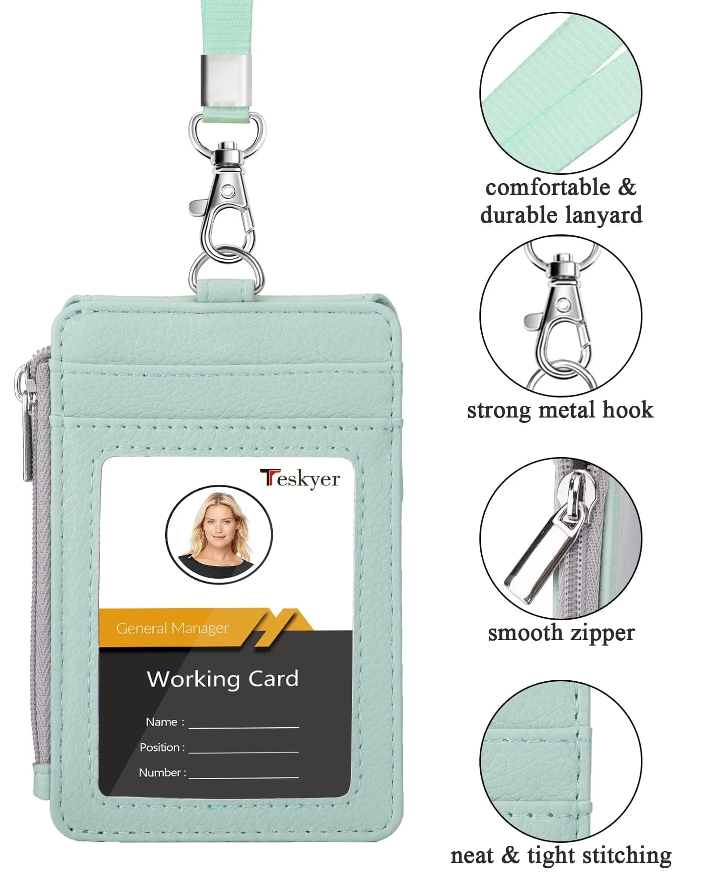 Teskyer Lichee Light Green PU Leather ID Badge Holder with Lanyard & Zipper Pocket - view 2