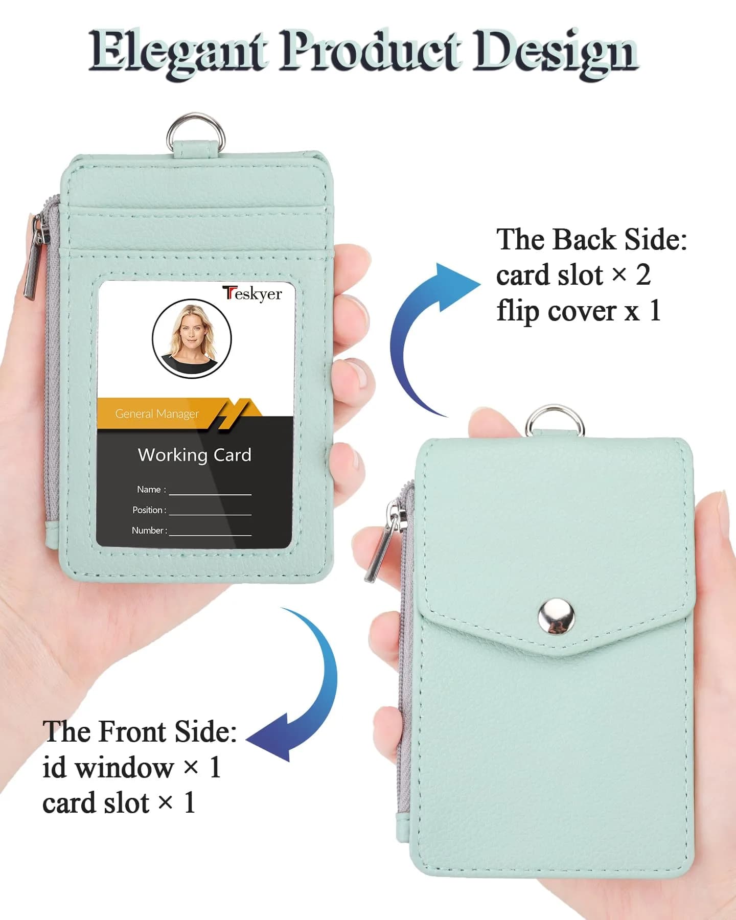 Teskyer Lichee Light Green PU Leather ID Badge Holder with Lanyard & Zipper Pocket - view 3