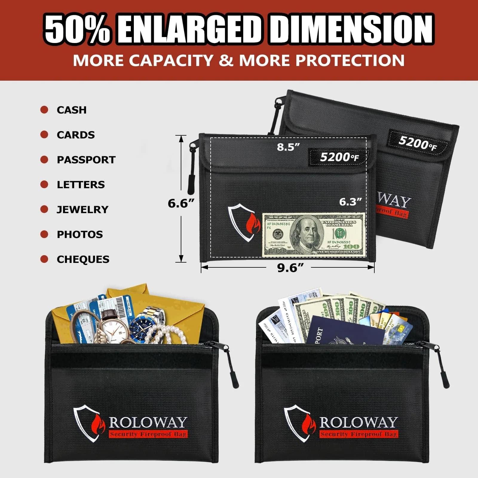 ROLOWAY Fireproof Bag 24.4 x 16.8 cm (9.6 x 6.6 inches) | 10-Layer Heat Insulated Document & Cash Protection - view 4