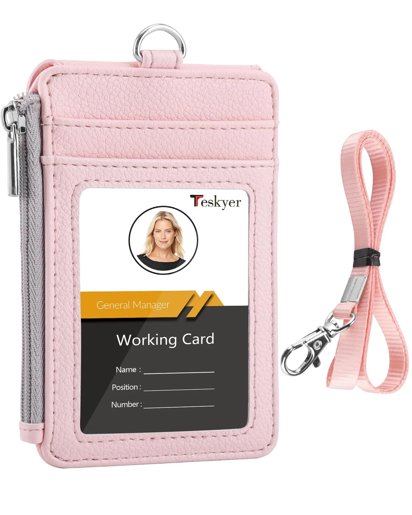 Teskyer Lichee Light Pink PU Leather ID Badge Holder with Lanyard & Zipper Pocket - main product image