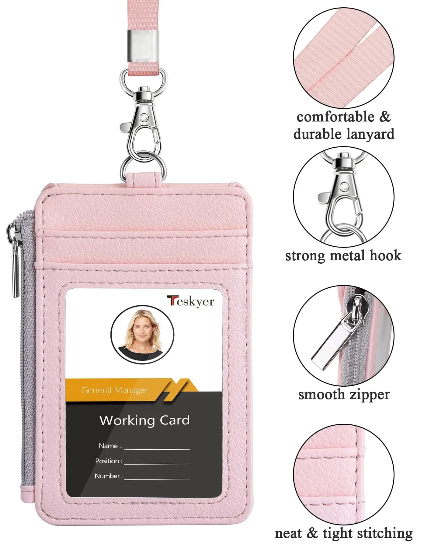 Teskyer Lichee Light Pink PU Leather ID Badge Holder with Lanyard & Zipper Pocket - view 2