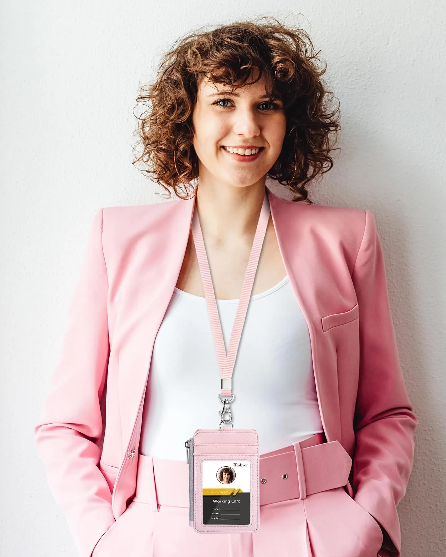 Teskyer Lichee Light Pink PU Leather ID Badge Holder with Lanyard & Zipper Pocket - view 3
