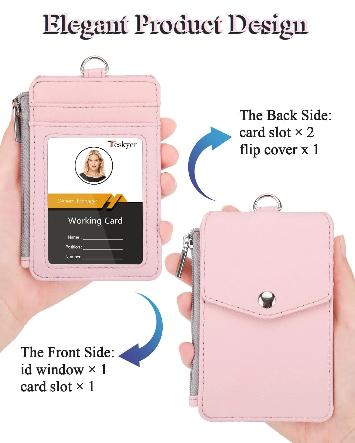 Teskyer Lichee Light Pink PU Leather ID Badge Holder with Lanyard & Zipper Pocket - view 4