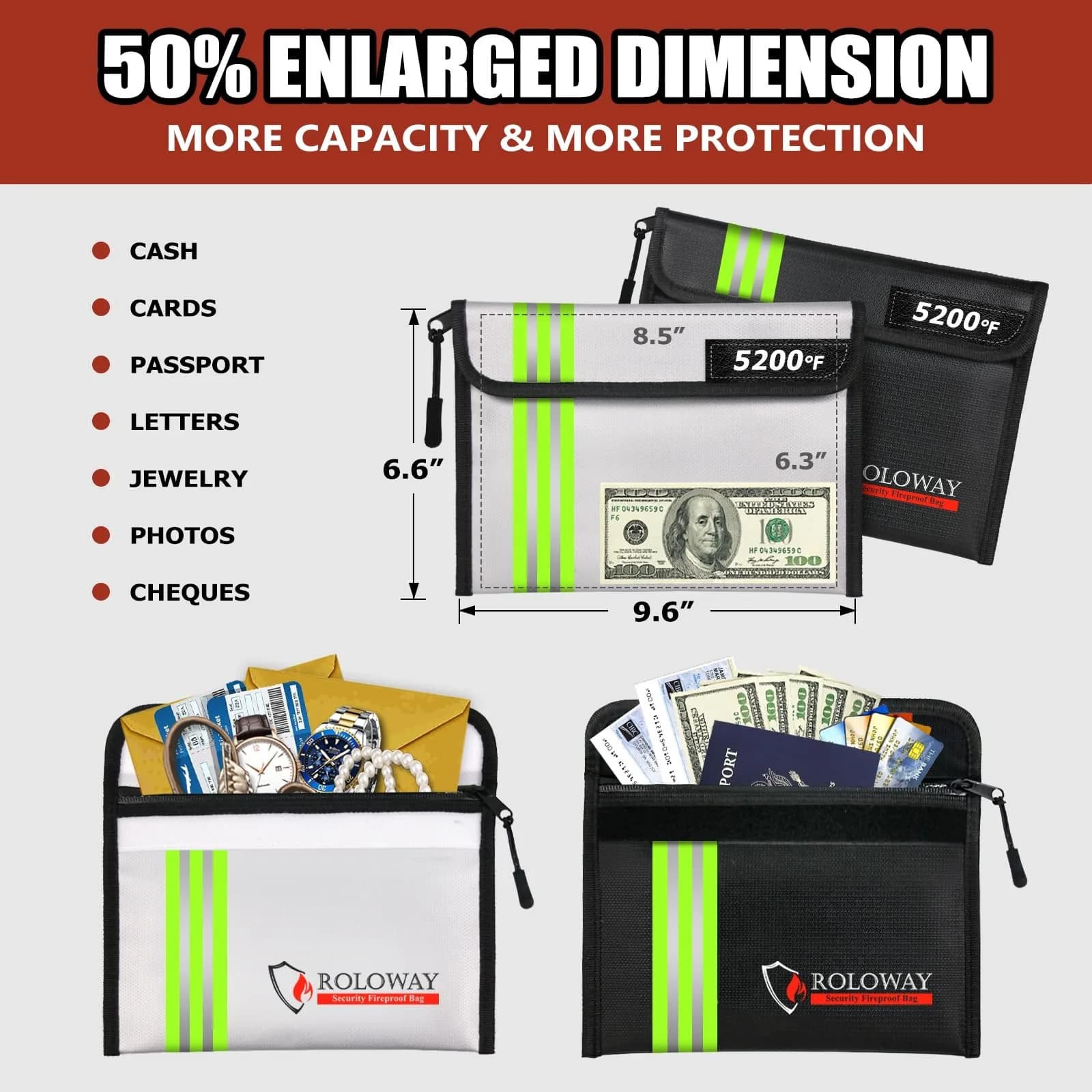 ROLOWAY 9.6 x 6.6 Inch Fireproof Bag - 5200℉ Silver & Black With Reflective Strip - view 4