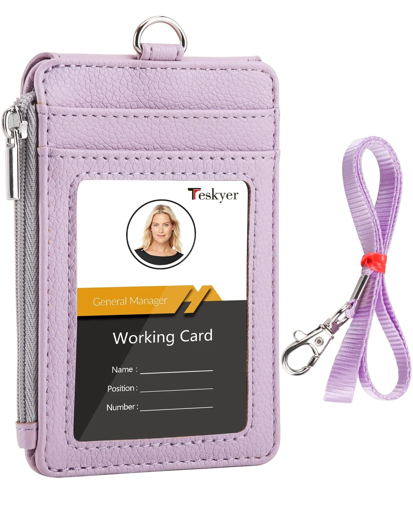Teskyer Lichee Lilac PU Leather ID Badge Holder with Lanyard & Zipper Pocket - main product image