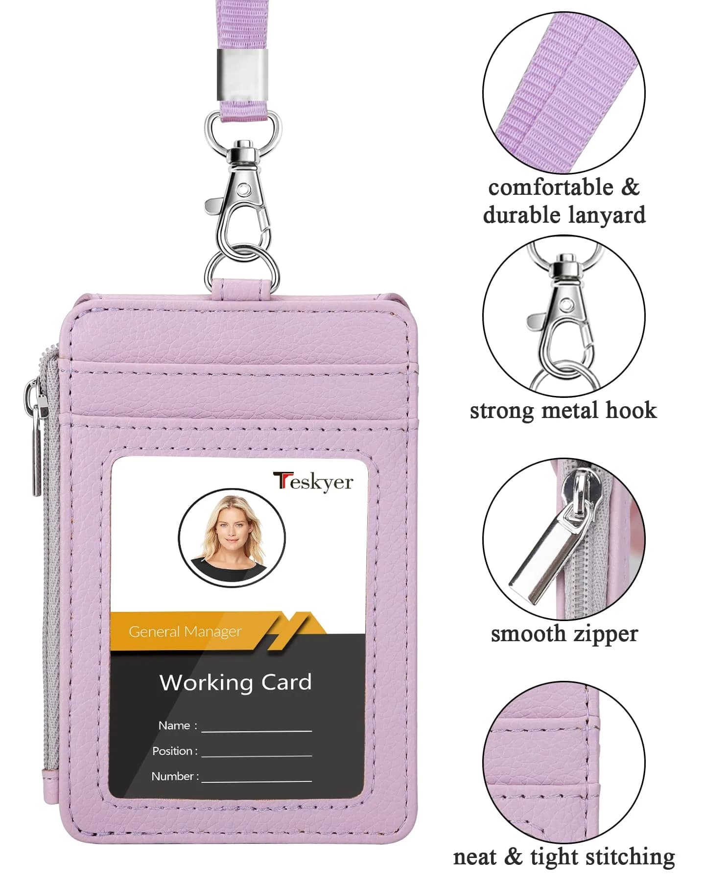 Teskyer Lichee Lilac PU Leather ID Badge Holder with Lanyard & Zipper Pocket - view 2