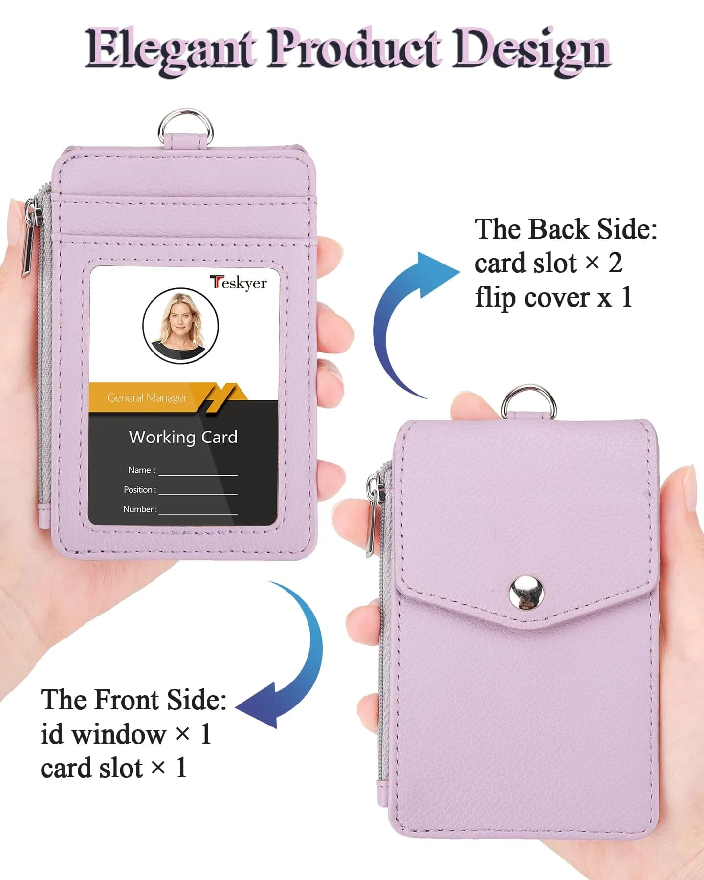 Teskyer Lichee Lilac PU Leather ID Badge Holder with Lanyard & Zipper Pocket - view 3