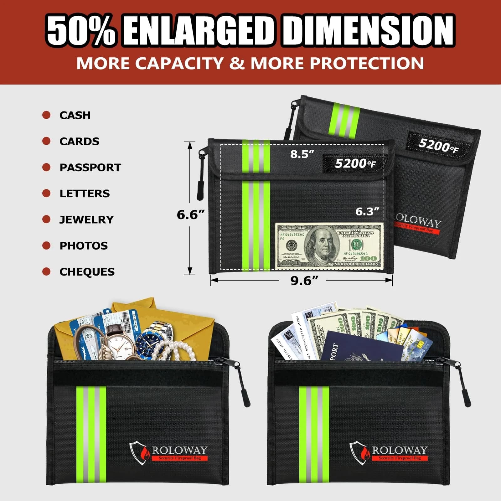 ROLOWAY 5200℉ Fireproof Bag with Reflective Strip - 9.6 x 6.6 Inch Black - view 4