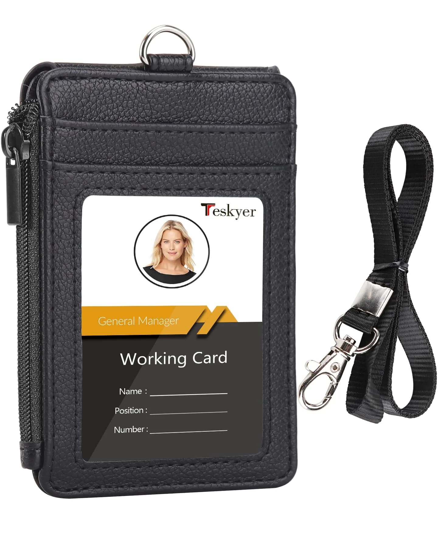 Teskyer Lichee Black PU Leather ID Badge Holder with Lanyard & Zipper Pocket | 4 Card Slots, 1 Clear ID Window - main product image