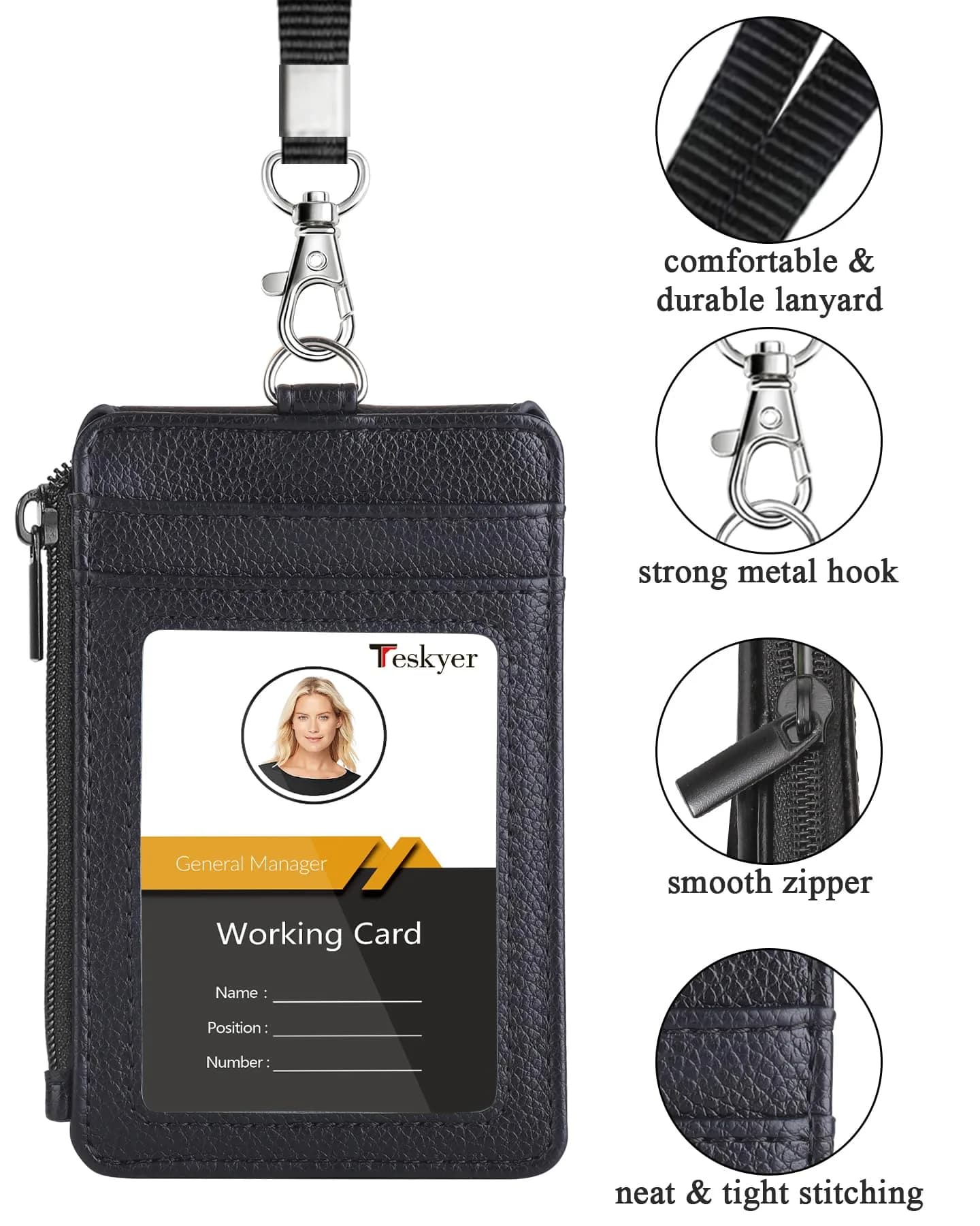 Teskyer Lichee Black PU Leather ID Badge Holder with Lanyard & Zipper Pocket | 4 Card Slots, 1 Clear ID Window - view 2