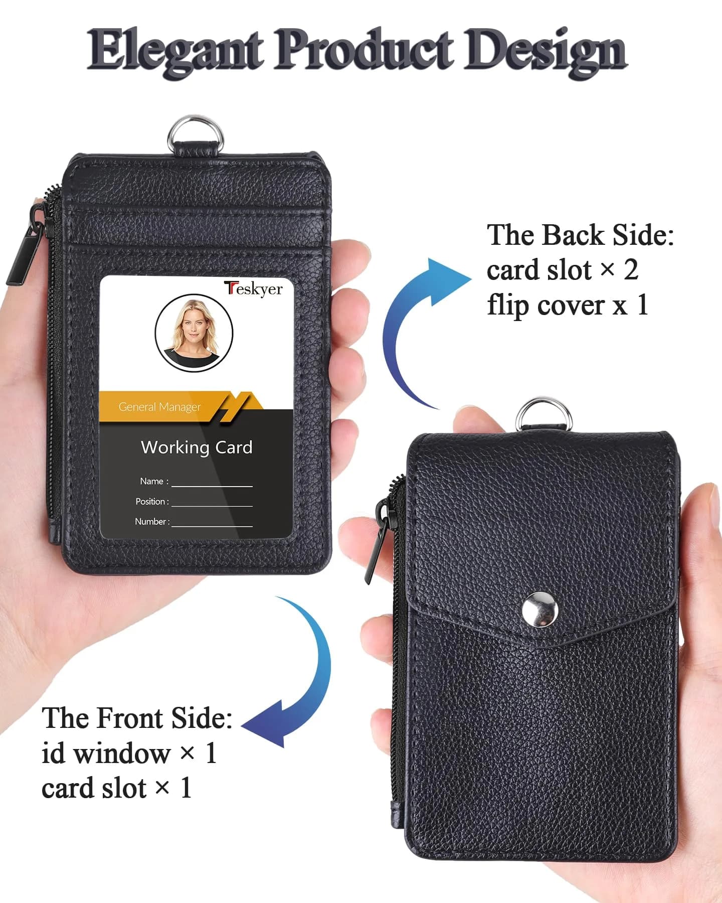 Teskyer Lichee Black PU Leather ID Badge Holder with Lanyard & Zipper Pocket | 4 Card Slots, 1 Clear ID Window - view 3