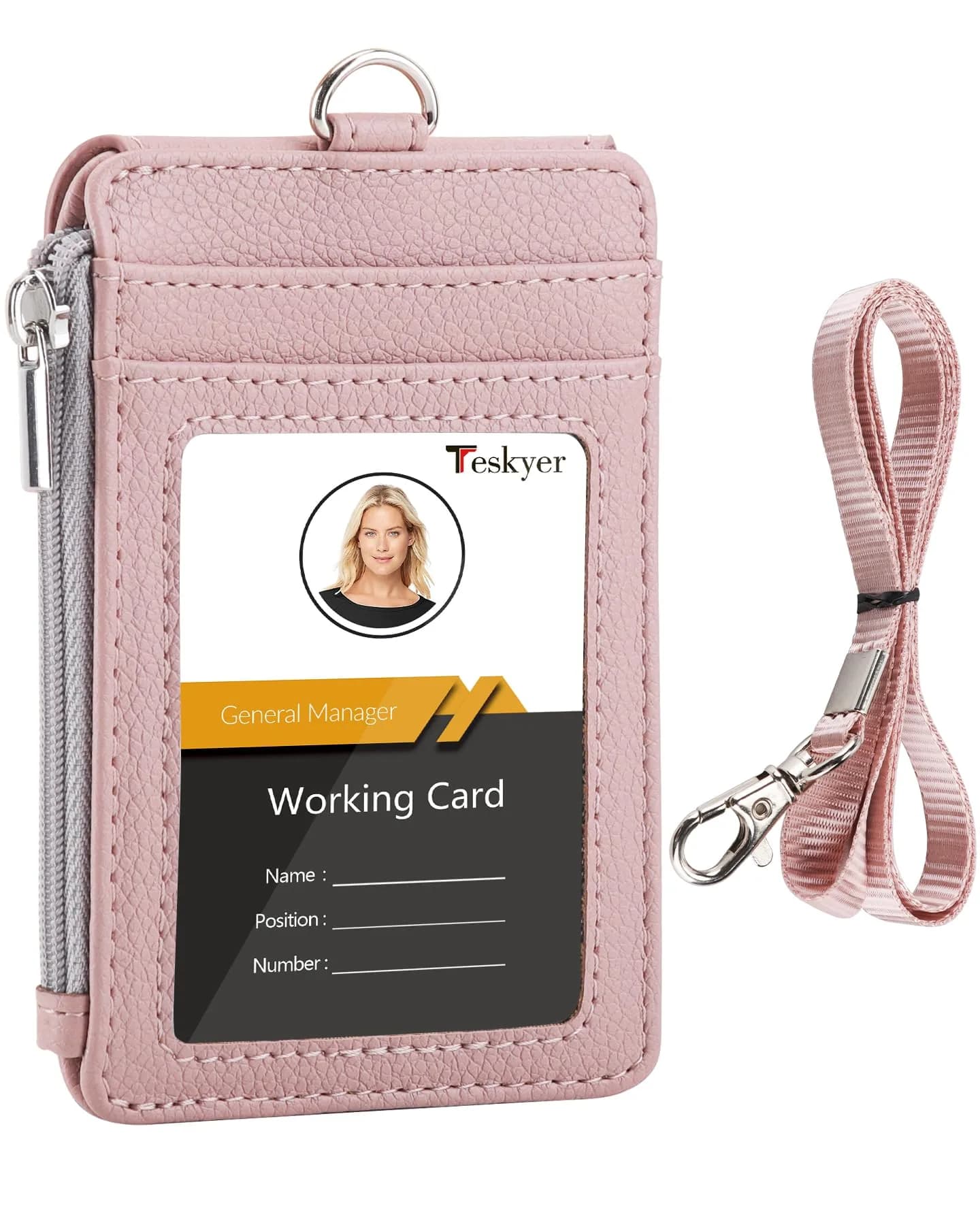 Teskyer Lichee Dark Pink PU Leather ID Badge Holder with Lanyard & Zipper Pocket - main product image
