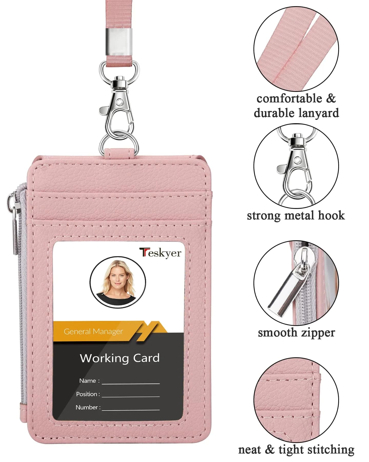 Teskyer Lichee Dark Pink PU Leather ID Badge Holder with Lanyard & Zipper Pocket - view 2