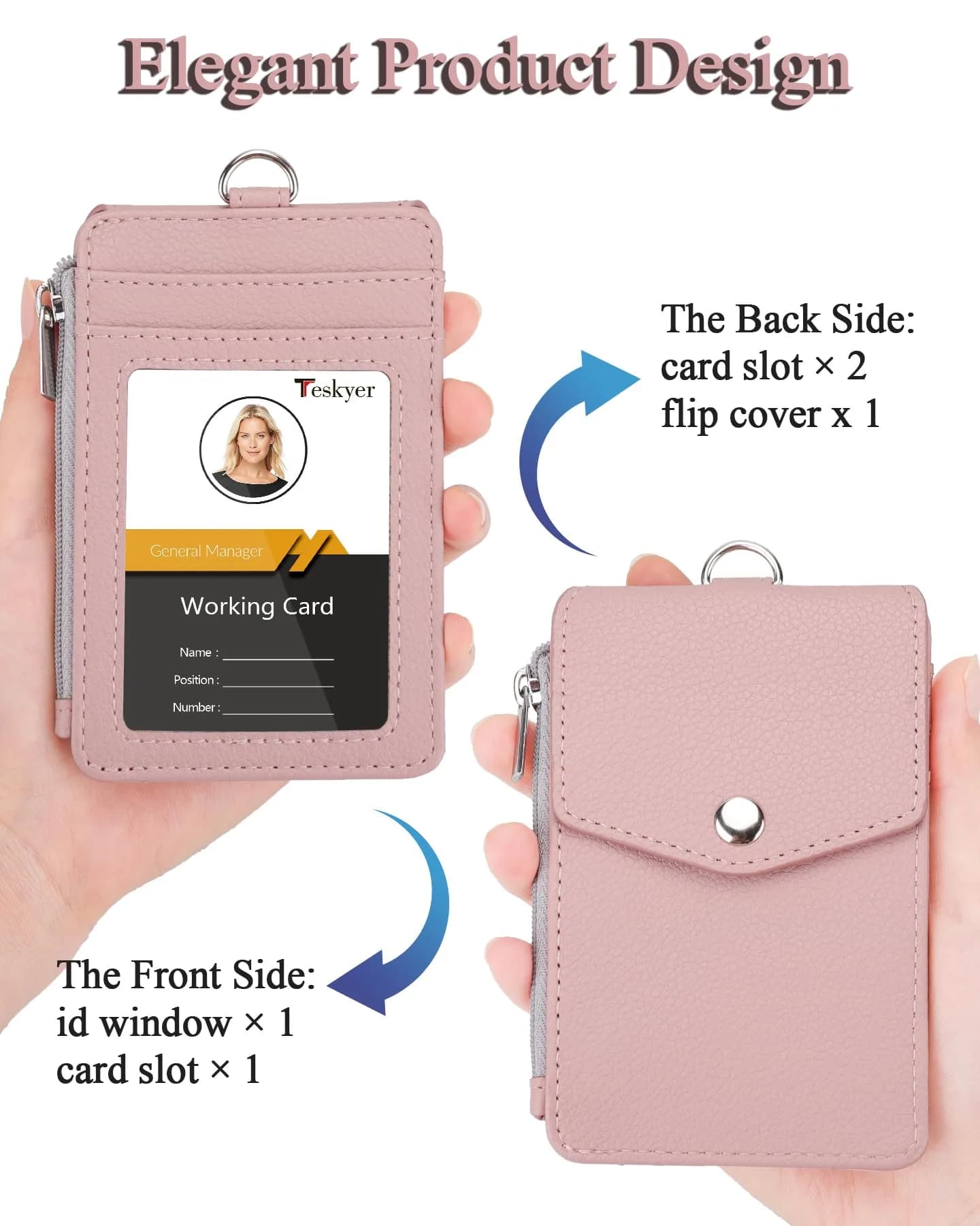 Teskyer Lichee Dark Pink PU Leather ID Badge Holder with Lanyard & Zipper Pocket - view 3