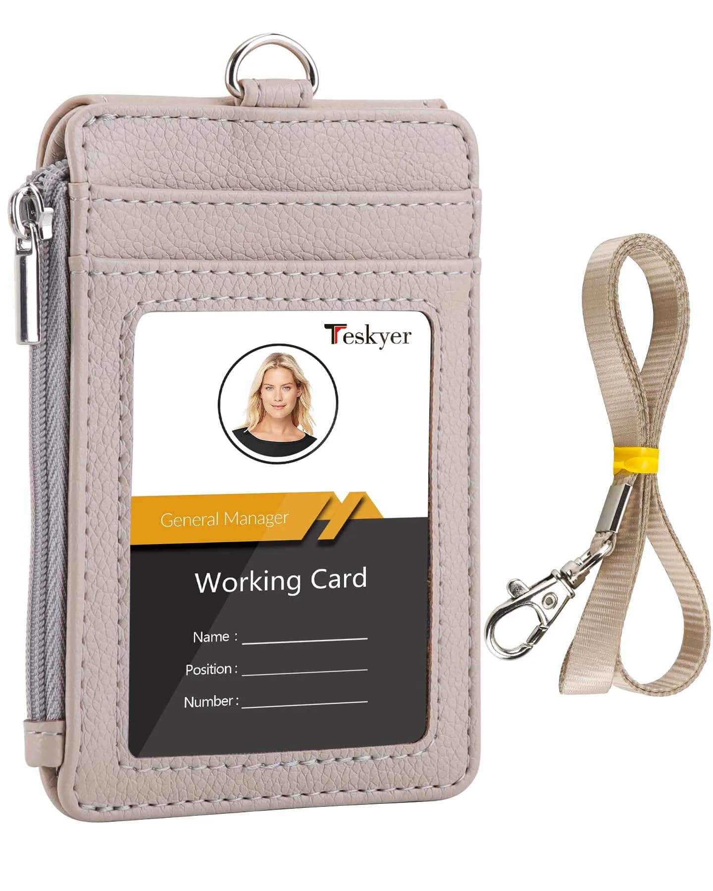 Teskyer Lichee Beige PU Leather ID Badge Holder with Lanyard & Zipper Pocket | 4 Card Slots, 1 Clear ID Window - main product image